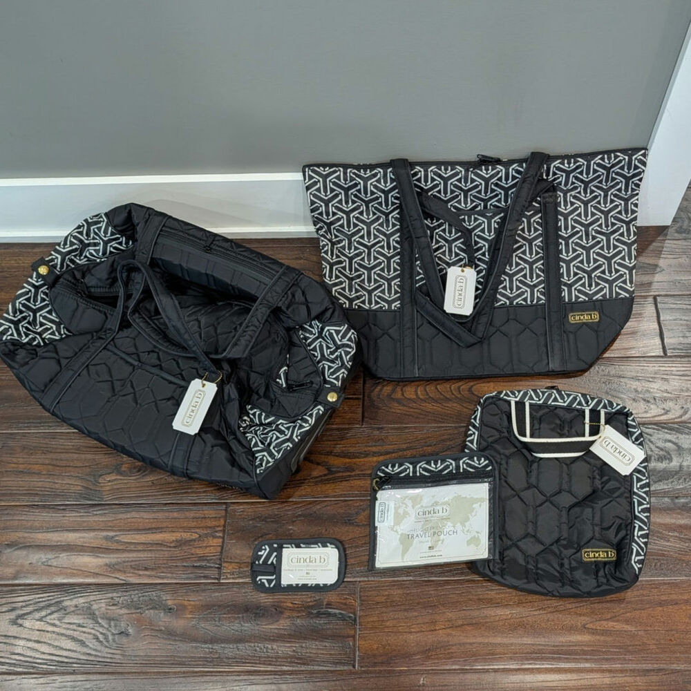 5 piece Cinda B Travel Bags Set Jet Set Black Carry On Rolly bag & Super tote ll
